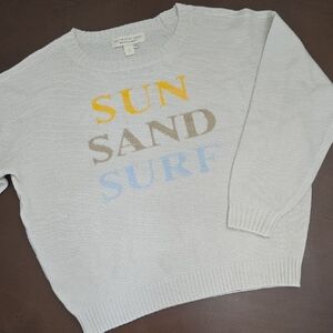 SALTWATER LUXE Crew Neck Sz L Sweater Cream Yellow Tan Blue Text Sun Sand Surf